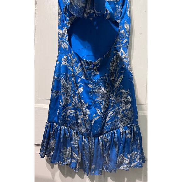 Alexis Blue Floral Print Silky Open Tie Back Mini Dress Size S - Picture 8 of 13